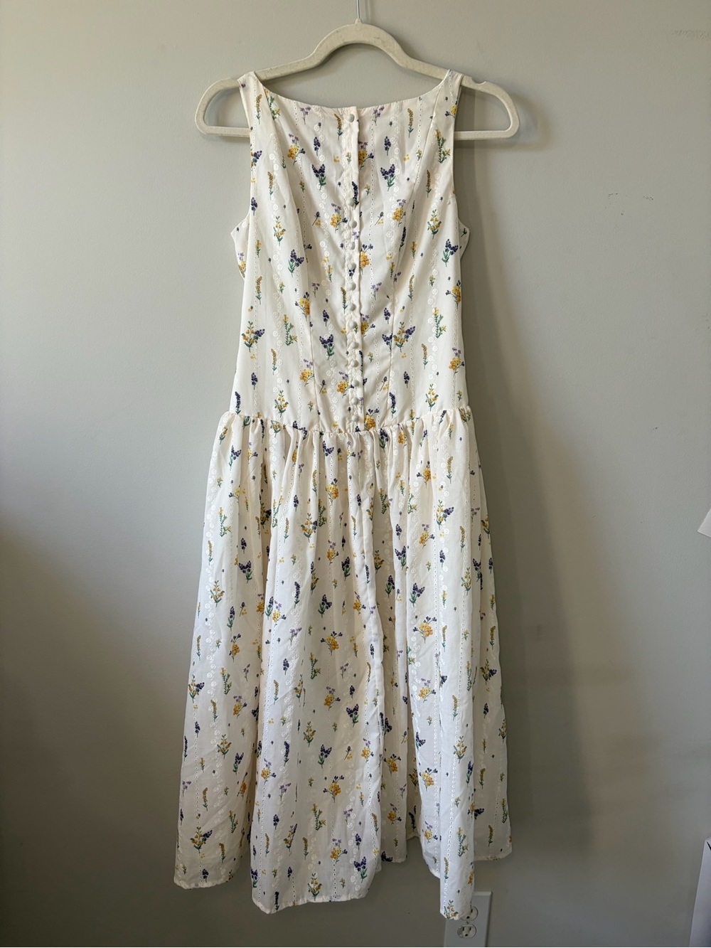 Source Unknown White Midi Dress with Yellow & Blue Floral Print